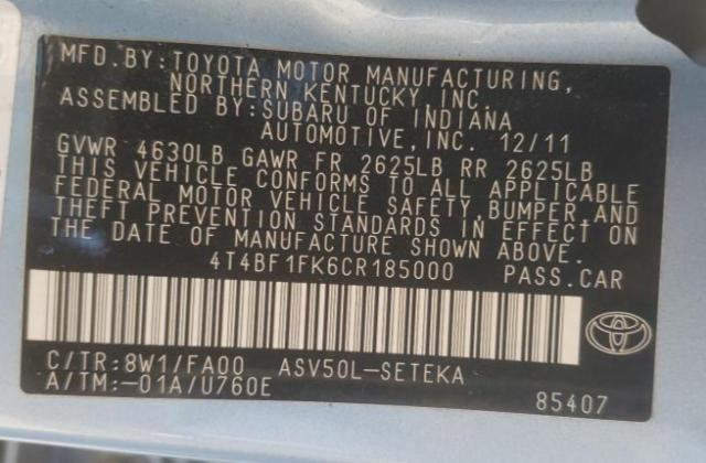 Photo 10 from auction – 2012 TOYOTA CAMRY BASE with VIN 4T4BF1FK6CR185000