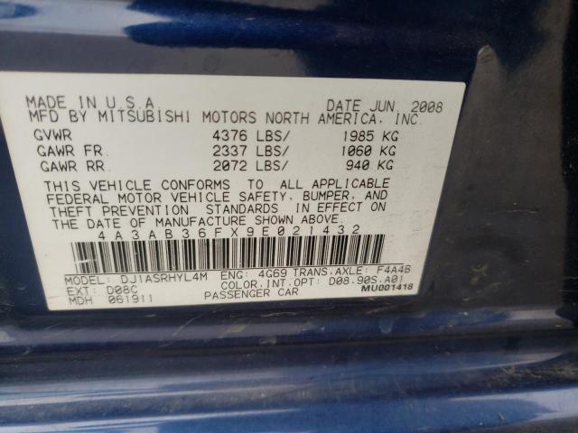 Photo 10 from auction – 2009 MITSUBISHI GALANT ES with VIN 4A3AB36FX9E021432