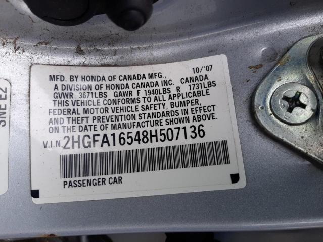 Photo 10 from auction – 2008 HONDA CIVIC LX with VIN 2HGFA16548H507136