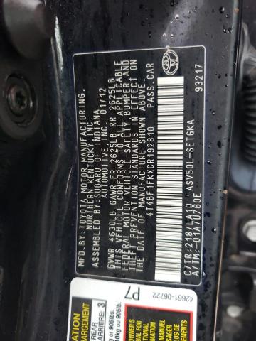 Photo 10 from auction – 2012 TOYOTA CAMRY BASE with VIN 4T4BF1FKXCR192810