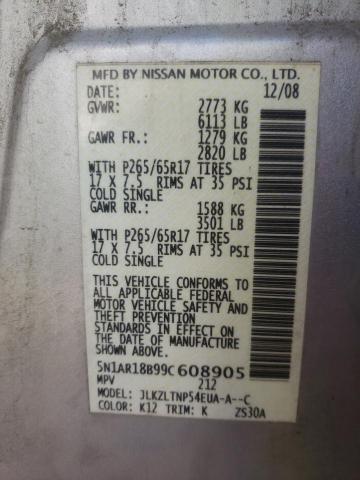 Photo 10 from auction – 2009 NISSAN PATHFINDER with VIN 5N1AR18B99C608905