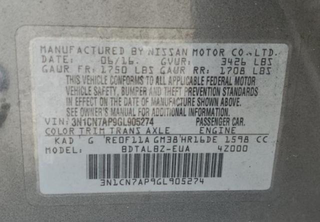 Photo 10 from auction – 2016 NISSAN VERSA S with VIN 3N1CN7AP9GL905274