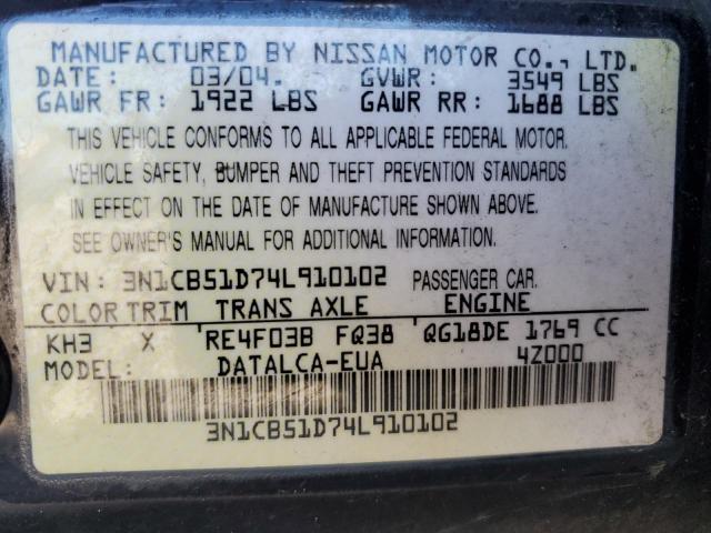 Photo 10 from auction – 2004 NISSAN SENTRA 1.8 with VIN 3N1CB51D74L910102