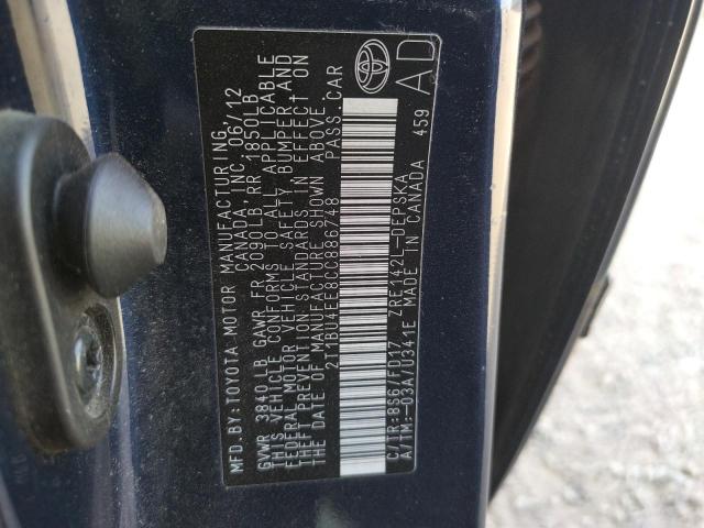 Photo 10 from auction – 2012 TOYOTA COROLLA BA with VIN 2T1BU4EE8CC886748