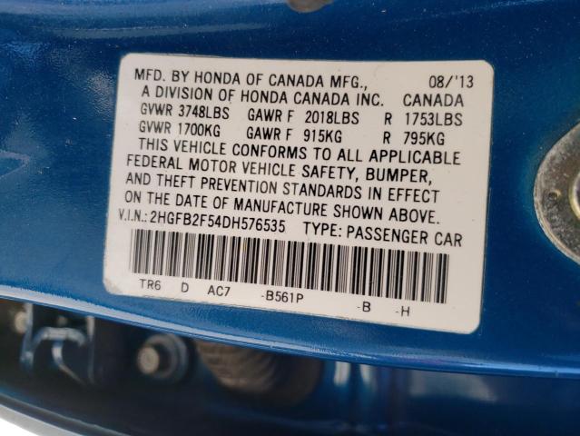 Photo 10 from auction – 2013 HONDA CIVIC LX with VIN 2HGFB2F54DH576535