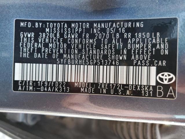 Photo 10 from auction – 2016 TOYOTA COROLLA L with VIN 5YFBURHE5GP513746