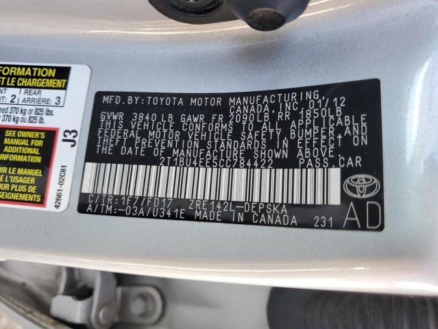 Photo 10 from auction – 2012 TOYOTA COROLLA BA with VIN 2T1BU4EE5CC784422
