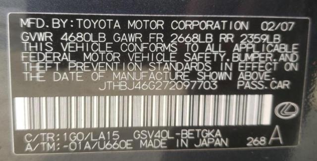 Photo 10 from auction – 2007 LEXUS ES 350 with VIN JTHBJ46G272097703