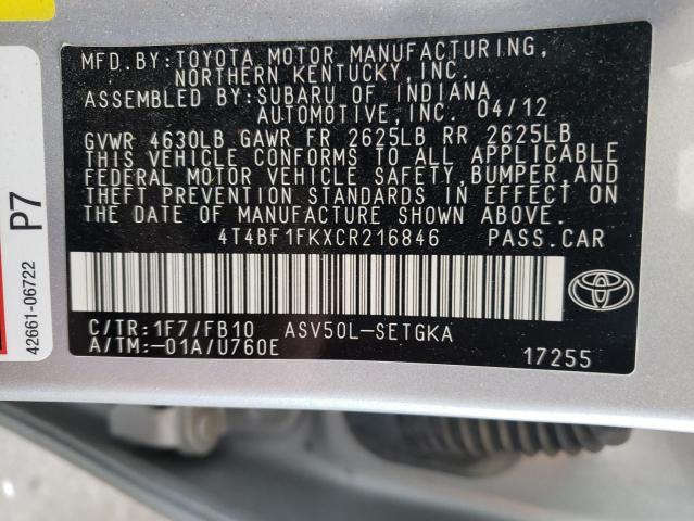 Photo 10 from auction – 2012 TOYOTA CAMRY BASE with VIN 4T4BF1FKXCR216846