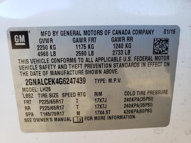 Photo 10 from auction – 2016 CHEVROLET EQUINOX LT with VIN 2GNALCEK4G6247439