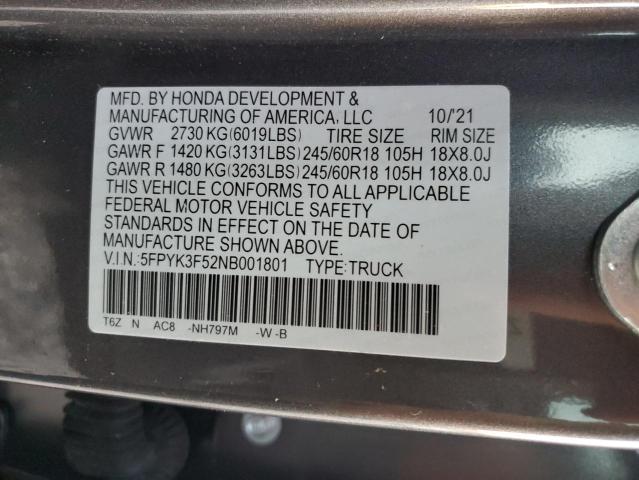 Photo 10 from auction – 2022 HONDA RIDGELINE with VIN 5FPYK3F52NB001801