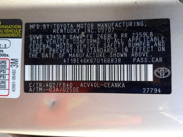 Photo 10 from auction – 2007 TOYOTA CAMRY CE with VIN 4T1BE46K67U166838