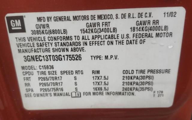 Photo 10 from auction – 2003 CHEVROLET AVALANCHE with VIN 3GNEC13T03G175526