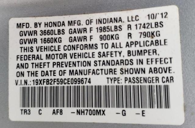 Photo 10 from auction – 2012 HONDA CIVIC LX with VIN 19XFB2F59CE099674
