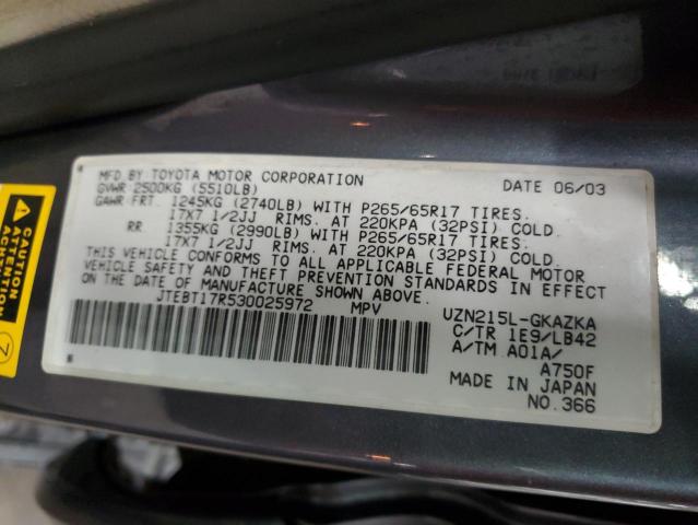 Photo 10 from auction – 2003 TOYOTA 4RUNNER LI with VIN JTEBT17R530025972