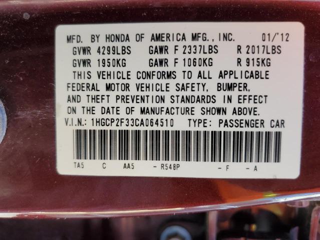 Photo 10 from auction – 2012 HONDA ACCORD LX with VIN 1HGCP2F33CA064510