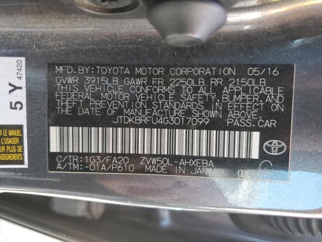Photo 10 from auction – 2016 TOYOTA PRIUS with VIN JTDKBRFU4G3017099
