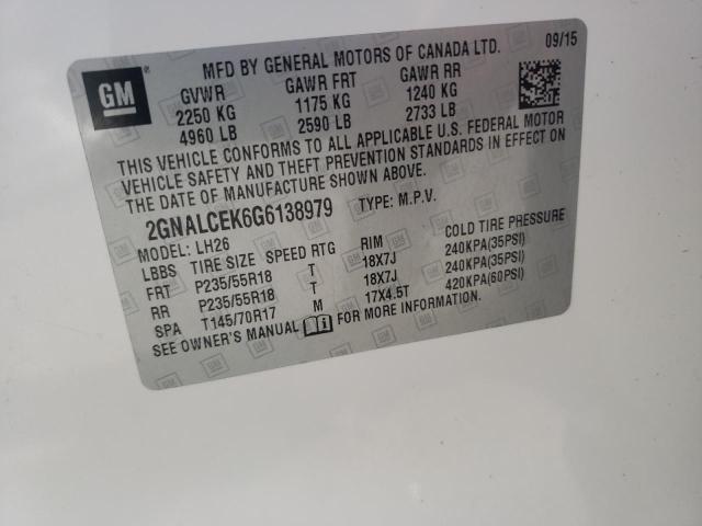 Photo 10 from auction – 2016 CHEVROLET EQUINOX LT with VIN 2GNALCEK6G6138979