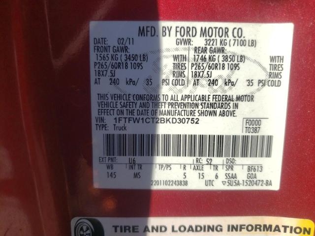 Photo 10 from auction – 2011 FORD F150 SUPER with VIN 1FTFW1CT2BKD30752