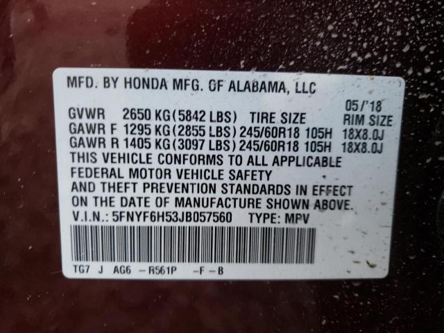 Photo 10 from auction – 2018 HONDA PILOT EXL with VIN 5FNYF6H53JB057560
