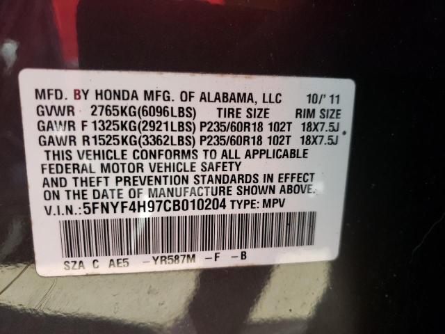 Foto 10 de la subasta – 2012 HONDA PILOT TOUR con VIN 5FNYF4H97CB010204