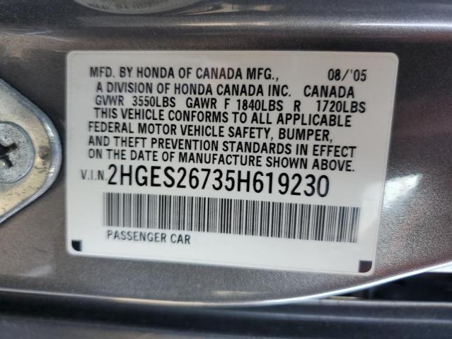 Photo 10 from auction – 2005 HONDA CIVIC EX with VIN 2HGES26735H619230