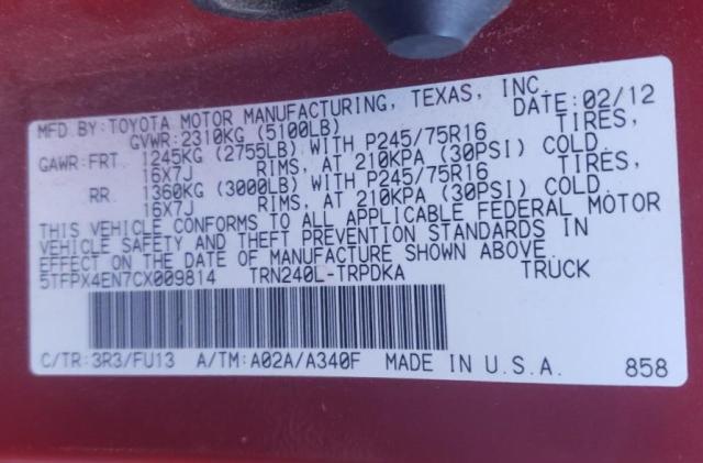Photo 10 from auction – 2012 TOYOTA TACOMA with VIN 5TFPX4EN7CX009814