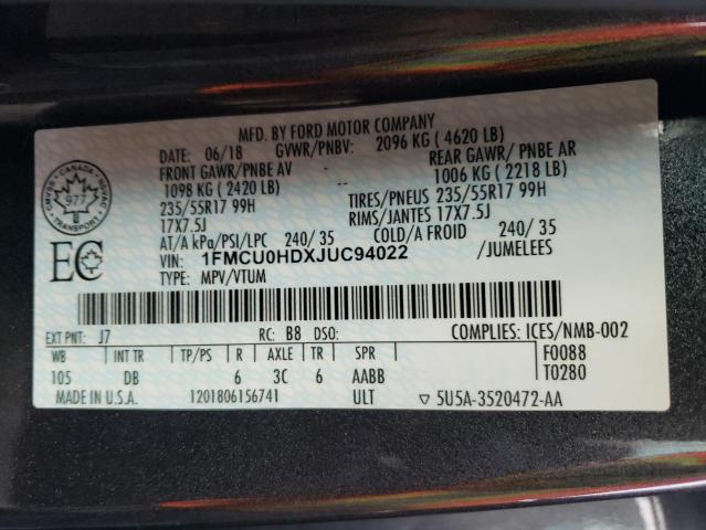 Photo 10 from auction – 2018 FORD ESCAPE SEL with VIN 1FMCU0HDXJUC94022