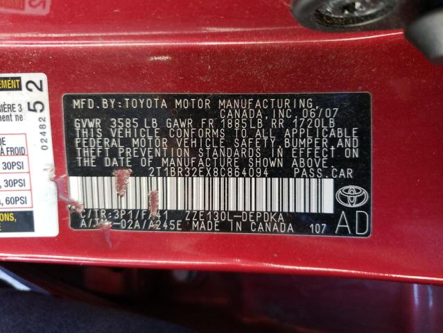 Photo 10 from auction – 2008 TOYOTA COROLLA CE with VIN 2T1BR32EX8C864094