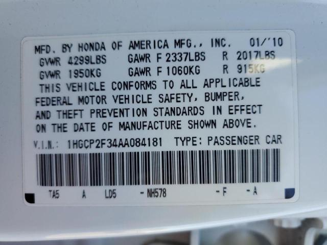 Photo 10 from auction – 2010 HONDA ACCORD LX with VIN 1HGCP2F34AA084181