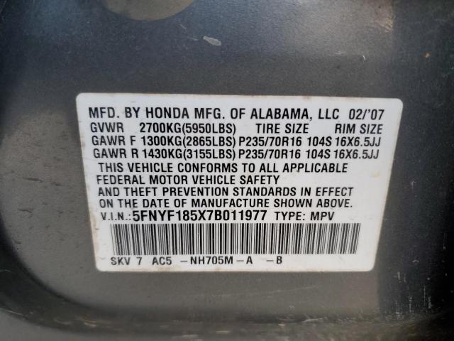Photo 10 from auction – 2007 HONDA PILOT EXL with VIN 5FNYF185X7B011977