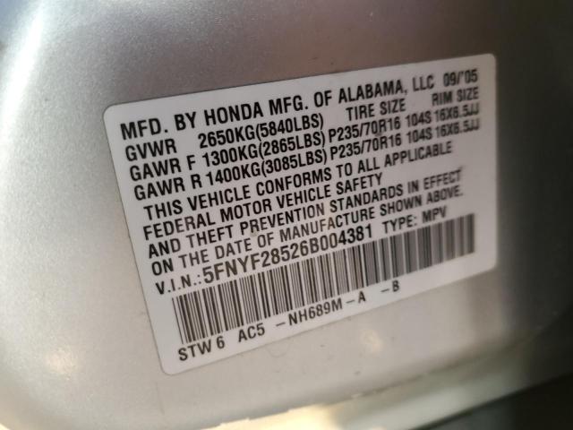 Photo 10 from auction – 2006 HONDA PILOT EX with VIN 5FNYF28526B004381