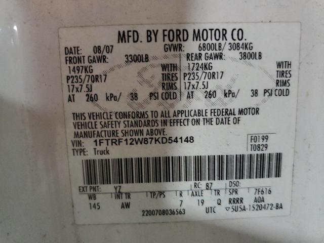 Photo 10 from auction – 2007 FORD F150 with VIN 1FTRF12W87KD54148