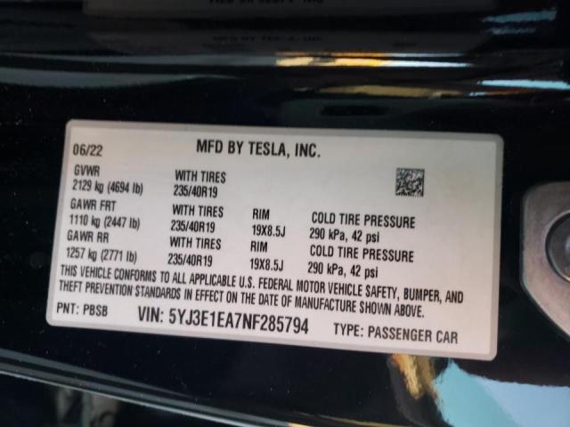 Photo 10 from auction – 2022 TESLA MODEL 3 with VIN 5YJ3E1EA7NF285794