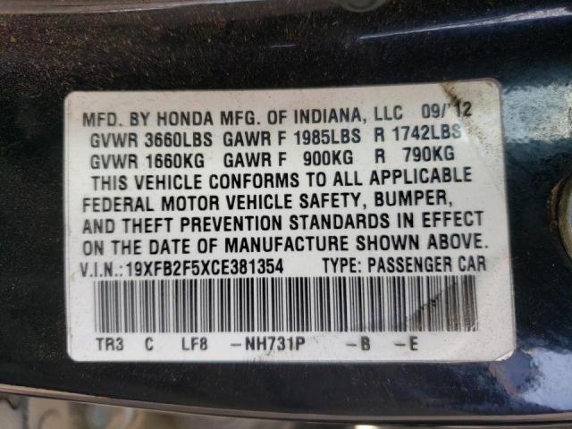 Photo 10 from auction – 2012 HONDA CIVIC LX with VIN 19XFB2F5XCE381354