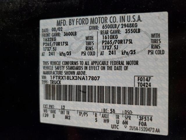 Photo 10 from auction – 2003 FORD F150 with VIN 1FTRX18LX3NA17807