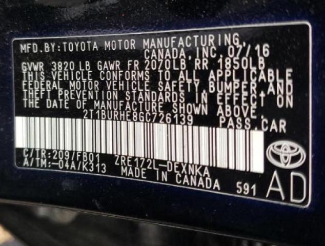 Photo 10 from auction – 2016 TOYOTA COROLLA L with VIN 2T1BURHE8GC726139