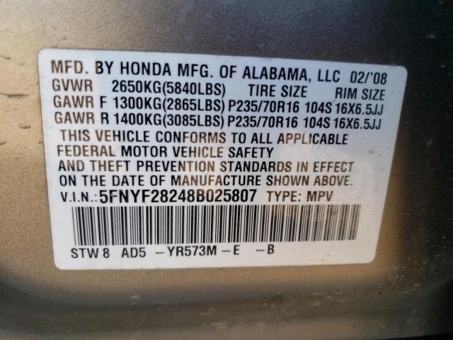Photo 10 from auction – 2008 HONDA PILOT VP with VIN 5FNYF28248B025807