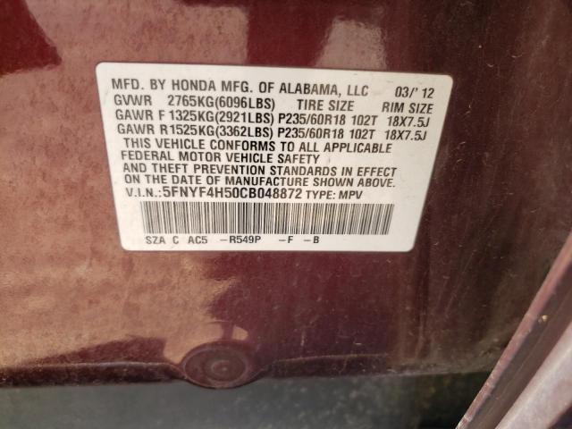 Photo 10 from auction – 2012 HONDA PILOT EXL with VIN 5FNYF4H50CB048872