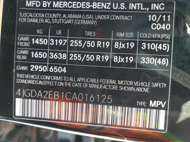 Photo 10 from auction – 2012 MERCEDES-BENZ ML 350 BLU with VIN 4JGDA2EB1CA016125