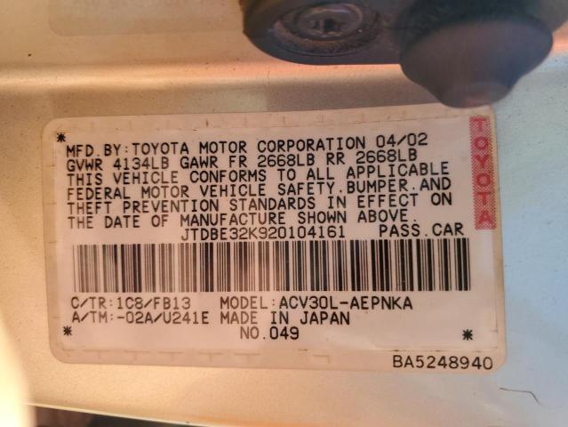 Photo 10 from auction – 2002 TOYOTA CAMRY LE with VIN JTDBE32K920104161