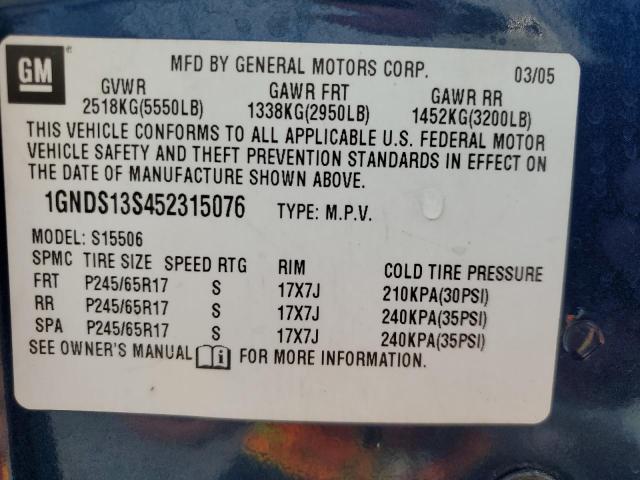 Photo 10 from auction – 2005 CHEVROLET TRAILBLAZE with VIN 1GNDS13S452315076