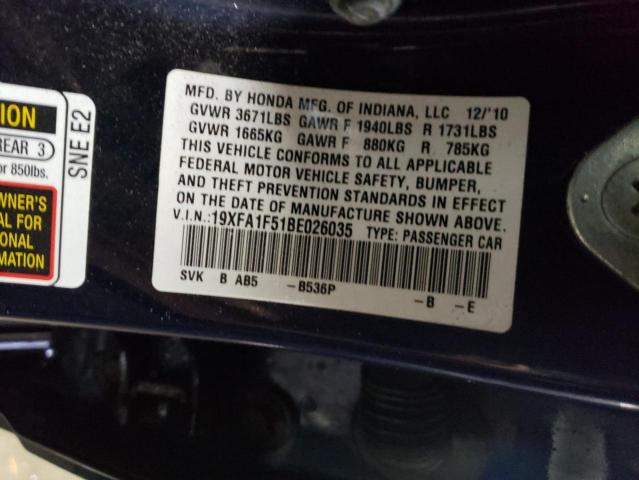 Photo 10 from auction – 2011 HONDA CIVIC LX with VIN 19XFA1F51BE026035