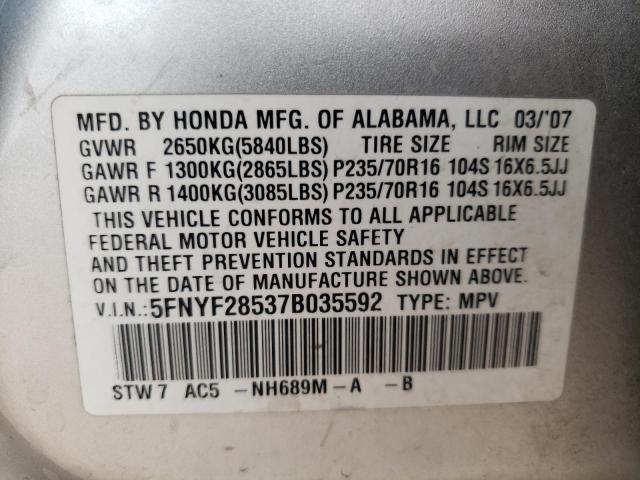 Photo 10 from auction – 2007 HONDA PILOT EXL with VIN 5FNYF28537B035592