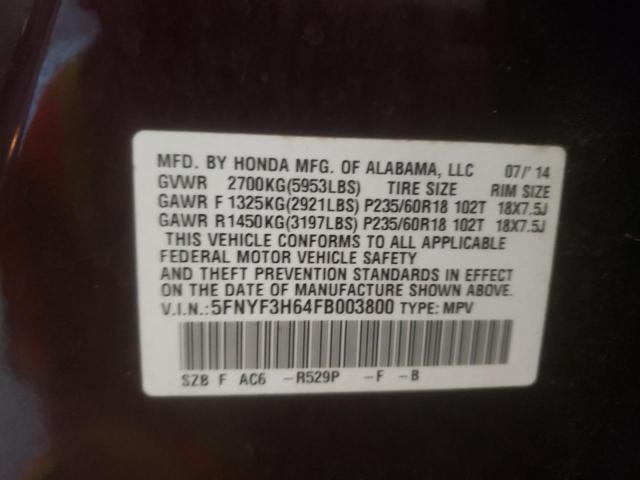 Photo 10 from auction – 2015 HONDA PILOT EXL with VIN 5FNYF3H64FB003800