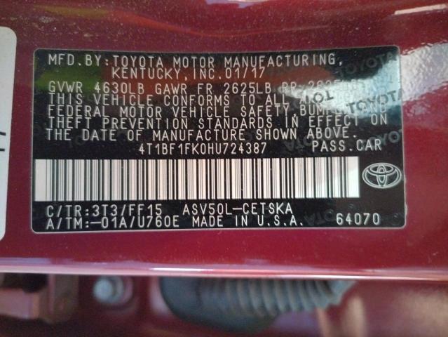Photo 10 from auction – 2017 TOYOTA CAMRY LE with VIN 4T1BF1FK0HU724387