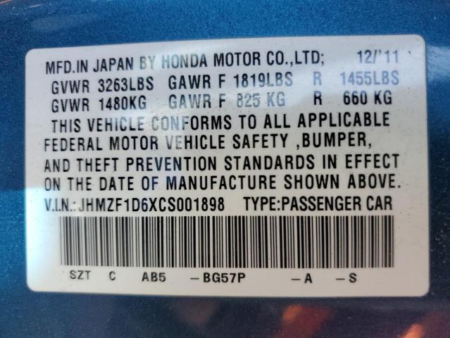 Photo 10 from auction – 2012 HONDA CR-Z EX with VIN JHMZF1D6XCS001898