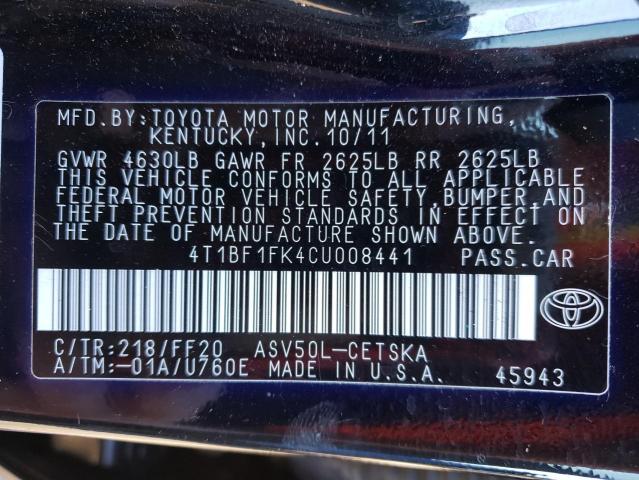 Photo 10 from auction – 2012 TOYOTA CAMRY BASE with VIN 4T1BF1FK4CU008441