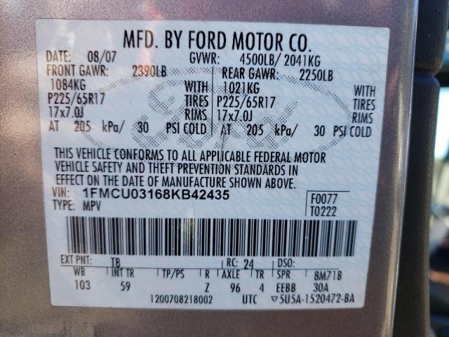 Photo 10 from auction – 2008 FORD ESCAPE XLT with VIN 1FMCU03168KB42435