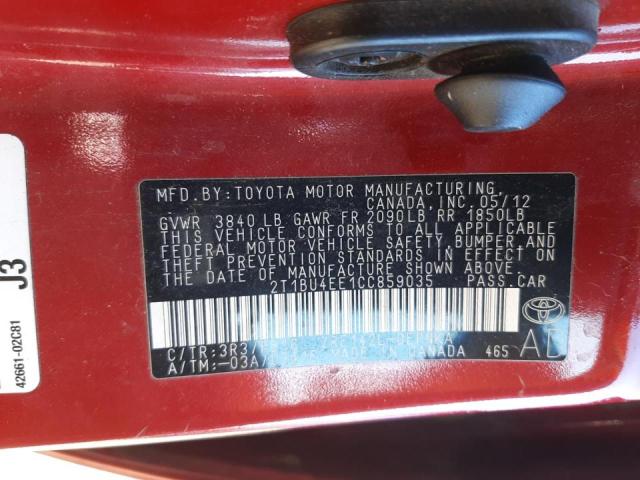 Photo 10 from auction – 2012 TOYOTA COROLLA BA with VIN 2T1BU4EE1CC859035